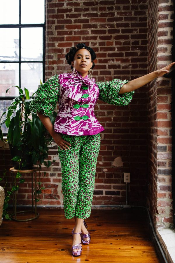 Capri Pants with Adire Mix Bubble Sleeves Tie Top