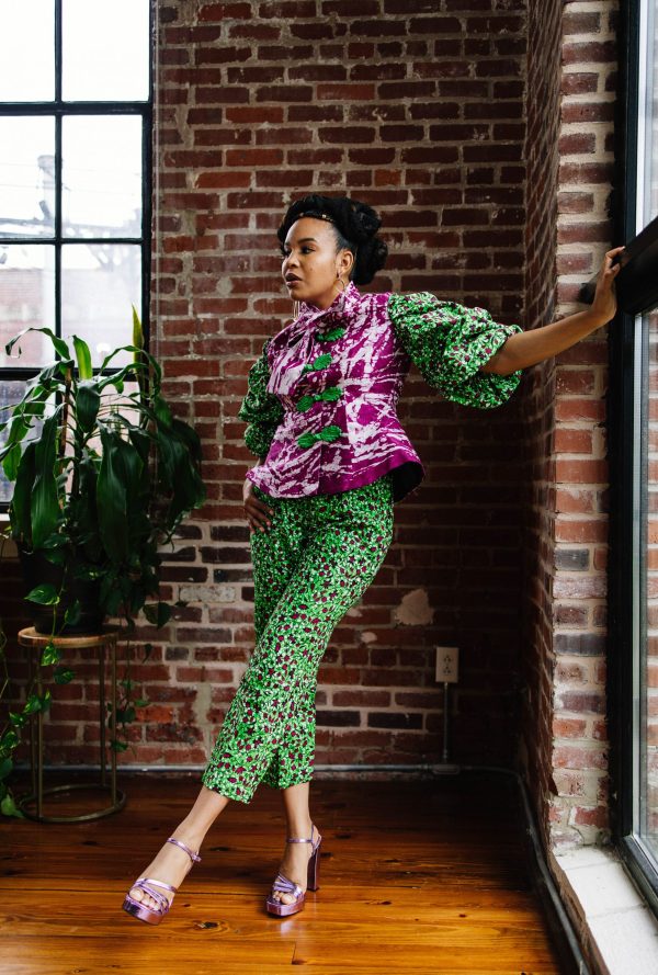 Capri Pants with Adire Mix Bubble Sleeves Tie Top - Image 2