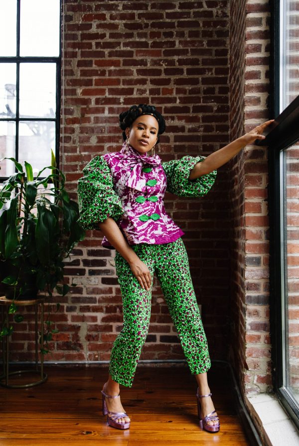 Capri Pants with Adire Mix Bubble Sleeves Tie Top - Image 3
